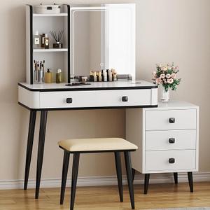 SDHYL Vanity Desk Set,Vanity Desk with Mirror and Lights,Makeup Vanity with Charging Station,White Dressing Table with Lots Storage, 3 Lighting Modes,Soft Cushioned Stool for Bedroom