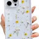 LSEEKA for iPhone 16 Pro Clear Case with Pressed Real Flowers Design,Glitter Cute Yellow Floral Pattern Slim Soft TPU Protective Women Girl's Phone Cover for iPhone 16 Pro