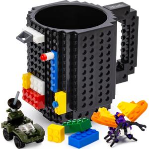 Build on Brick BPA-Free Creative Cups for Kids - Building Block Mug DIY Idea with Building Bricks, 16OZ (Black)