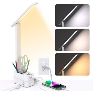 Addtam LED Desk Lamp with Pen Holder, Study Lamps with 3 Outlets 4 USB Charging Ports(2 USBC), 3 Color Modes Desk Light Touch Lamp, Small Desk Lamps for Home Office College Dorm Room Essentials (5 FT)