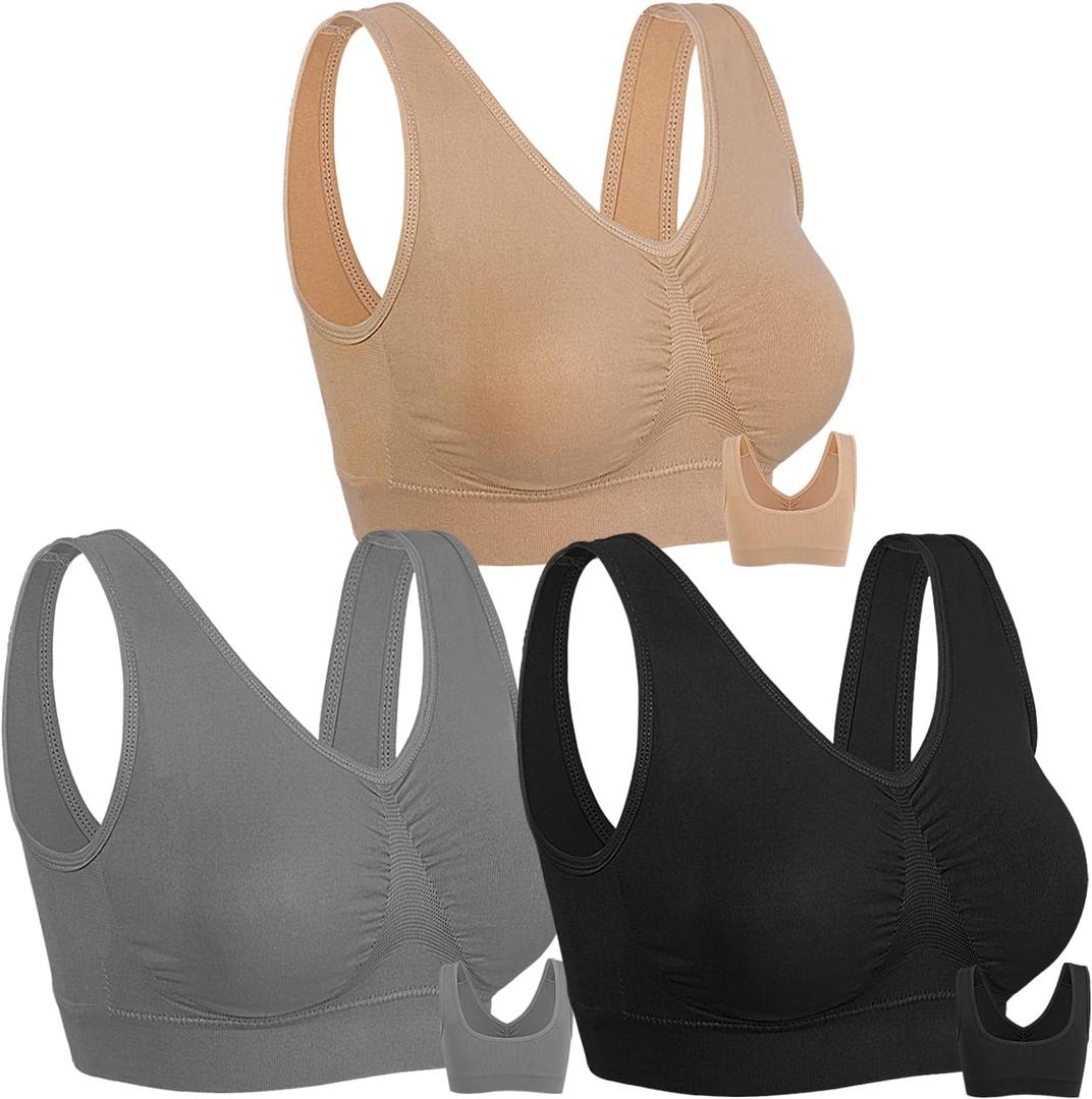 Onory 3 Pack Sports Bras for Women Wirefree Padded Workout Yoga Gym Fitness Bra Medium Support (Large, Black+grey+nude)