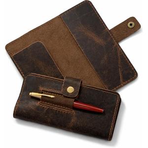 Leather Checkbook Cover with Pen Loop, Full Grain Check Book Holder Wallet for Personal & Duplicate Checks, Slim Money Organizer for Men & Women  Brown