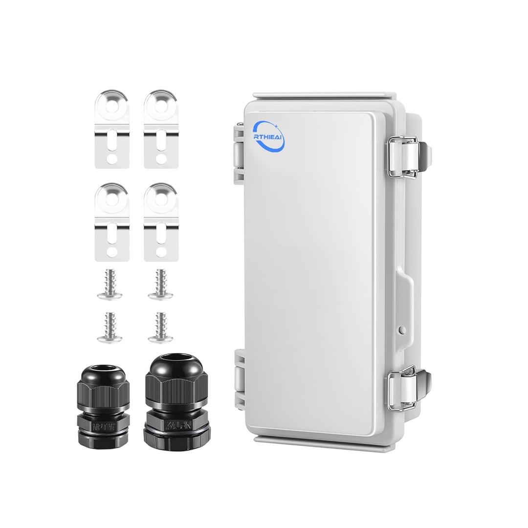 Waterproof Outdoor IP67 Junction Box (7.9"x3.9"x2.8") with Mounting Plate, Hinged Grey Cover and Wall Brackets - Weatherproof ABS Plastic Electrical Enclosure for DIY Projects (200x100x70mm)