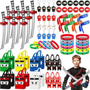 12 Guests 84 Pcs Ninja Party Favors Include Ninja Non Woven Bags Inflatable Toys Bouncy Balls Throwing Flying Slingshot Headbands Silicone Bracelets Keychains for Party Supplies