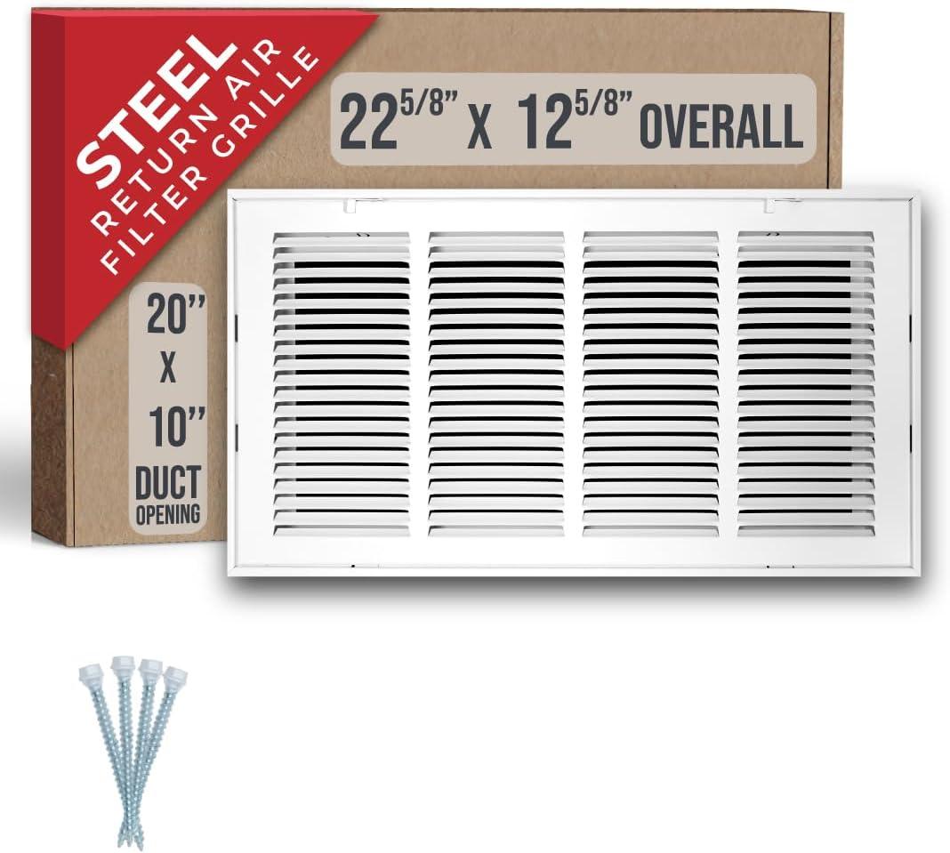 Fits 20x10 Duct Opening | Steel Return Air Filter Grille by Handua [Removable Door] for 1-inch Filters | Vent Cover Grill | White | HVAC Cold Air Intake Grille | Out Dim: 22 5/8"W X 12 5/8"H