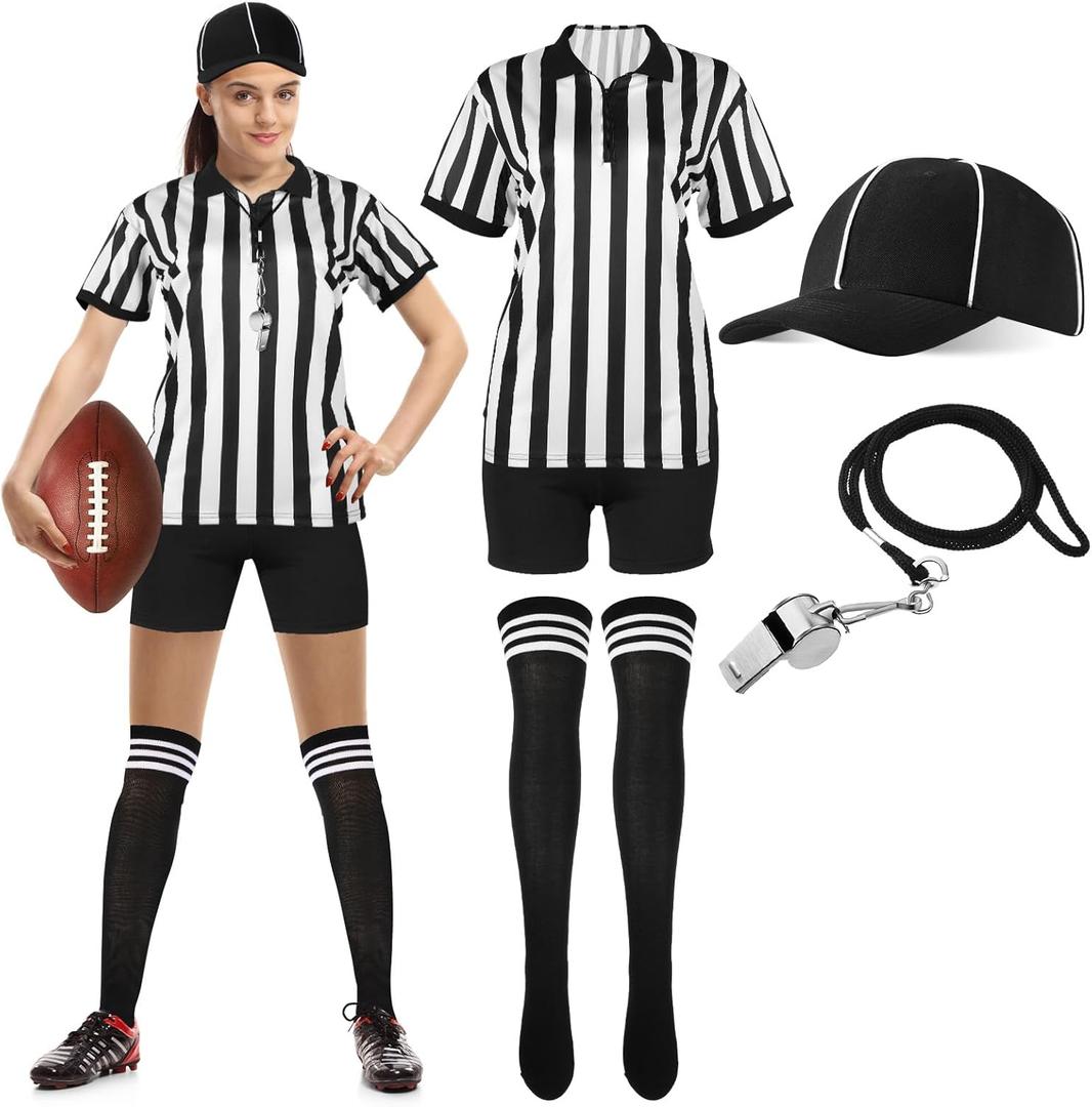 SATINIOR 6 Pcs Women Referee Costume Black and White Stripe Ref Shirt Jersey Shorts Referee Hat for Halloween Party Cosplay (XX-Large)