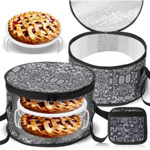 Pickmesh Round Pie Carrier 12 x 7 Inch Insulated Casserole Carriers with Lid and Detachable Handle for Hot or Cold Food Cake Transport Thanksgiving Christmas Gift(Black Paisley)