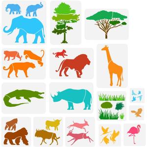 Fingerinspire 16PCS African Animals Stencil Trees Grass Plants Drawing Template Orangutan Giraffe Elephant Lion Crocodile Rhino Deer Orangutan Cow Bird Eagle Leopard Silhouette Animal Theme Template