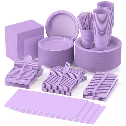 JHDZDHY 404 Pieces Disposable Plastic Dinnerware Set, Plastic Cutlery Set Includes 50 Of Each Dinner Plates|Dessert Plates|Cups|Napkins|Straws|Spoons, Forks & Knives (Lavender, 404PCS（50 Guests）)
