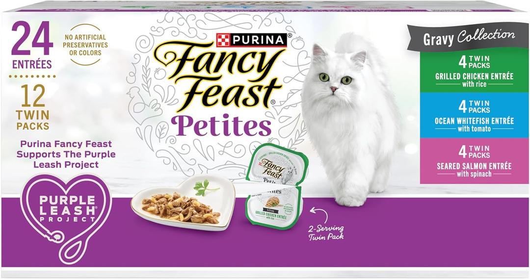 Purina Fancy Feast Gourmet Wet Cat Food Variety Pack, Petites Gravy Collection, break-apart tubs, 24 servings - (Pack of 12) 2.8 oz. Tubs