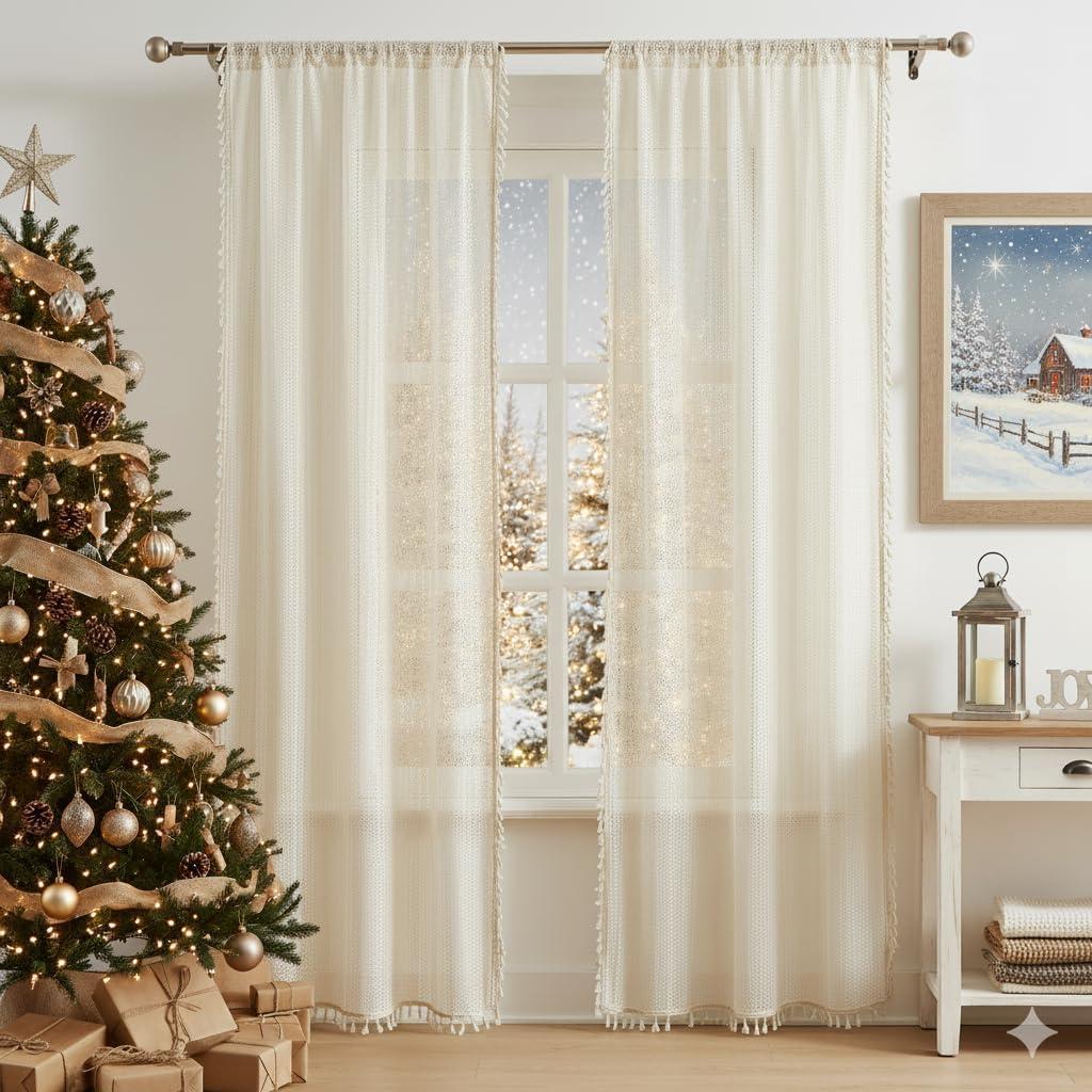 Boho Lace Sheer Window Curtains with Tassels 84 Inches Length for Bedroom,Geometric Embroidery Drapes for Living Room,Rod Pocket Window Treatment Set,40" Wx84 L,2 Panels,Beige
