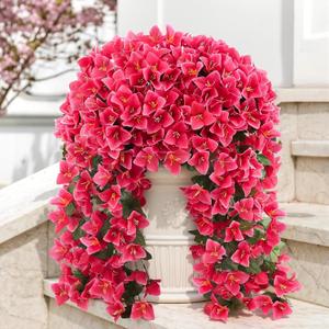 ATTGREAT Artificial Bougainvillea for Outdoors Faux Plants UV Resistant Flowers Fake Plastic Plants Realistic Silk Flowers for Porch Planter Garden Outside Hanging Decoration, 2Pcs (Rose Red)
