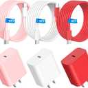 3Pack 60W 10FT USB C Charging Cable + 20W USB C Wall Charger Block - Pink White Red