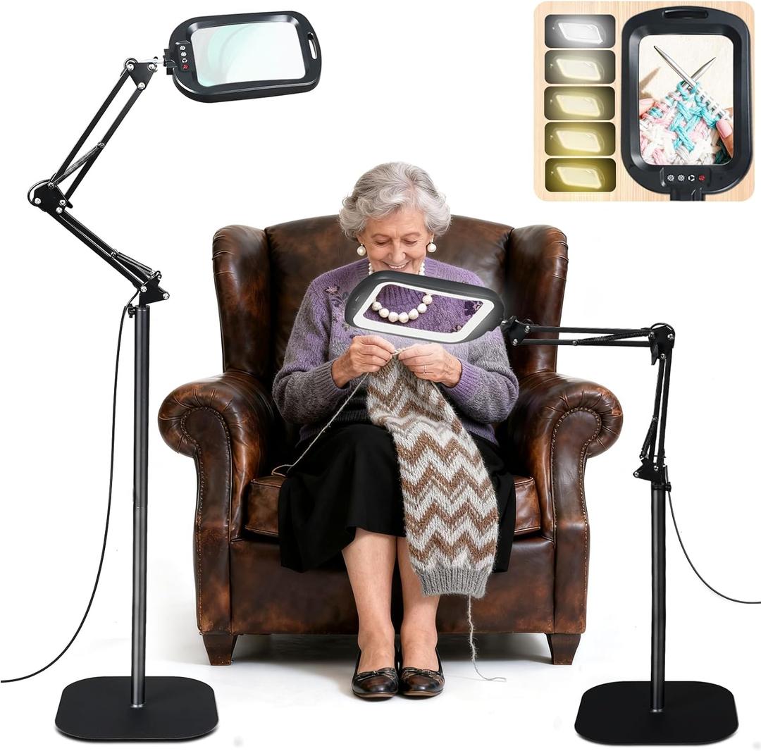 Extra Large Floor Magnifying Glass with Light and Stand, Adjustable Height Floor Magnifying Lamp, 3-in-1 Large Lighted Magnifier for Reading Painting Craft Close Work