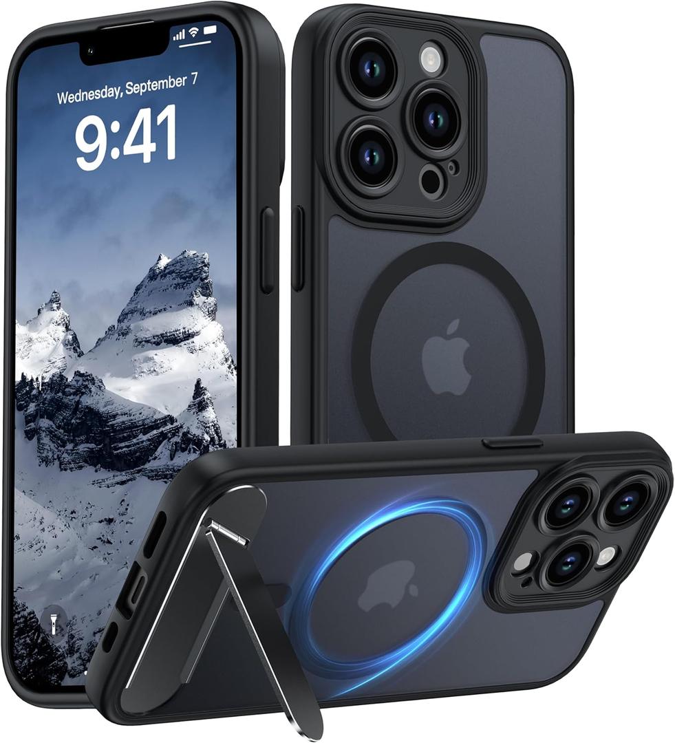 Magnetic Compatible with iPhone 13 Pro Case, [Built-in Invisible Kickstand][Compatible with MagSafe] Translucent Matte Phone Case for iPhone 13 Pro 6.1", Black