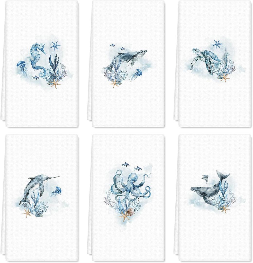 6Pcs Sea Kitchen Dish Towels Summer Sea Themed Dish Beach Cloth Tea Towel Watercolor Ocean Animal Plant Dishcloth 16 x 24 Inch Hand Drying Towel for Housewarming Gift Cooking Baking Cleaning