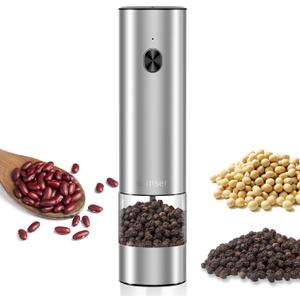 Electric Pepper Grinder & Salt Mill - Battery Operated Stainless Steel Body with Transparent Container LED Light One-Hand Operation Push-Button Switch Adjustable Coarseness Easy Refill & Clean (Silver + single grinder)