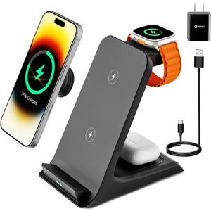 Wireless Charger for Thick Cases of 10MM/Otterbox/Popsocket Compatible, 3 in 1 Charging Dock for iPhone 16 15 14 13 12 Pro Max, Charging Station for Multiple Devices for Apple Watch/AirPods
