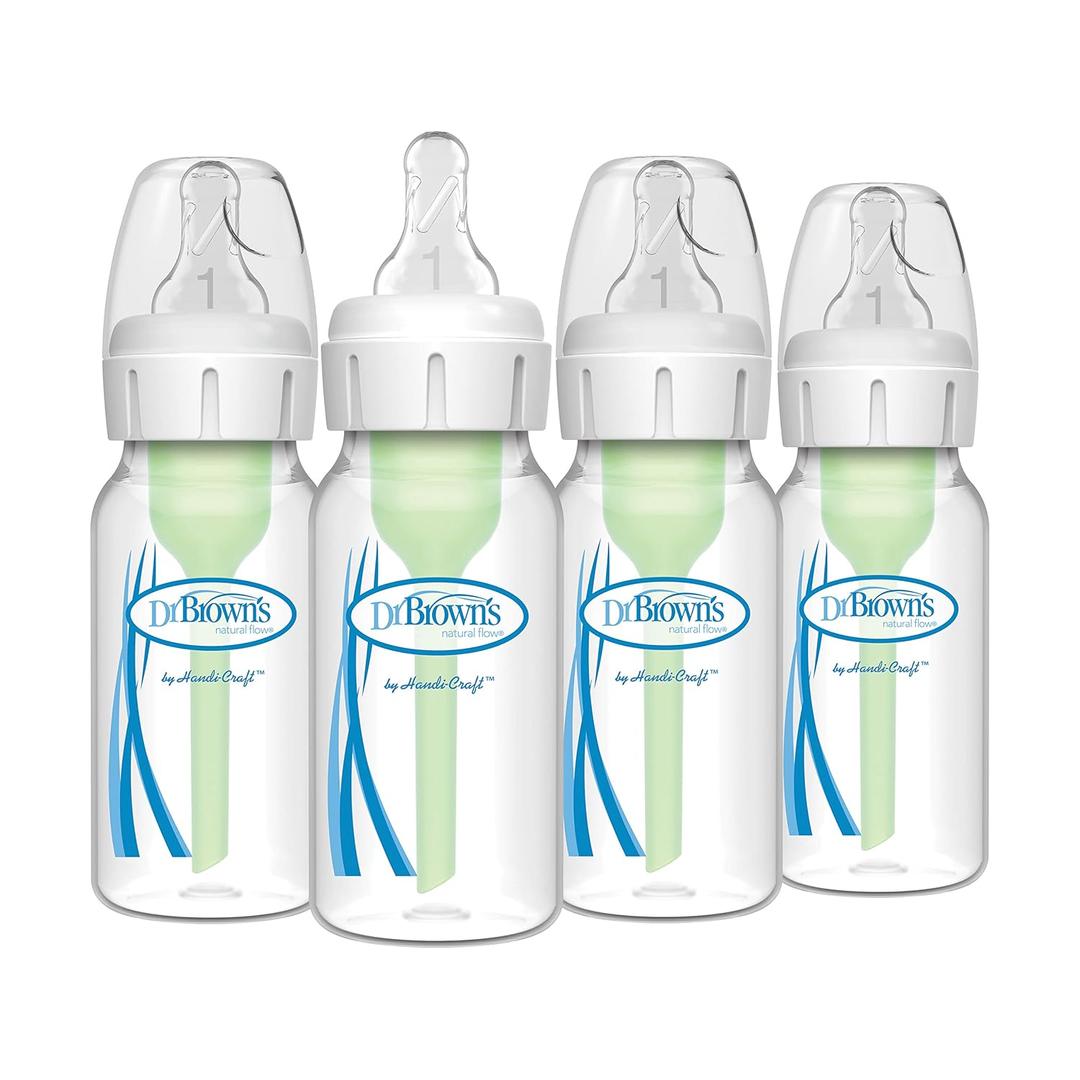 Dr. Brown's Natural Flow Anti-Colic Options+ Narrow Baby Bottle, 4 oz/120 mL, with Level 1 Slow Flow Nipple, 0m+, 4 Bottles (4 Pack, 4oz, Clear)