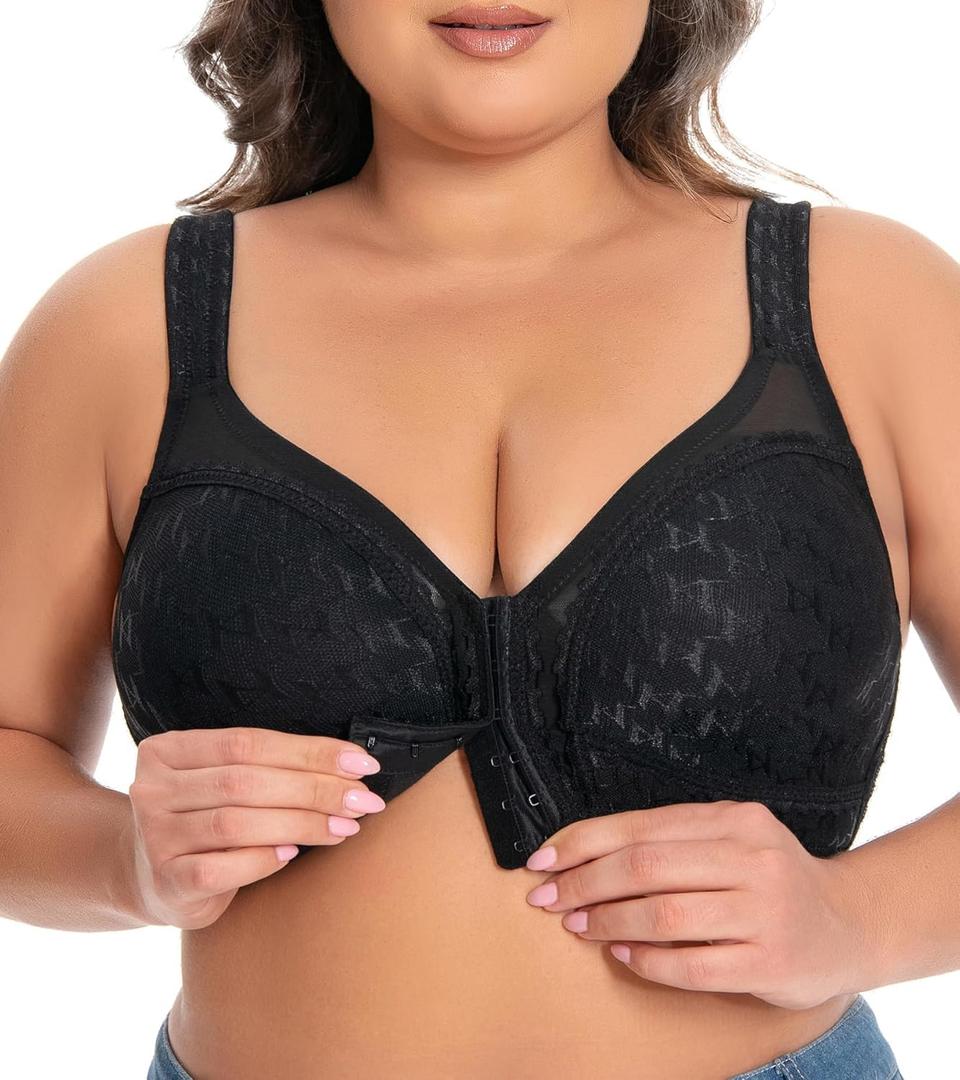 Women's Plus Size Full Coverage Front Closure Posture Back Unpadded Wireless Double Support Minimizer Bra (38DD, Jet Black)