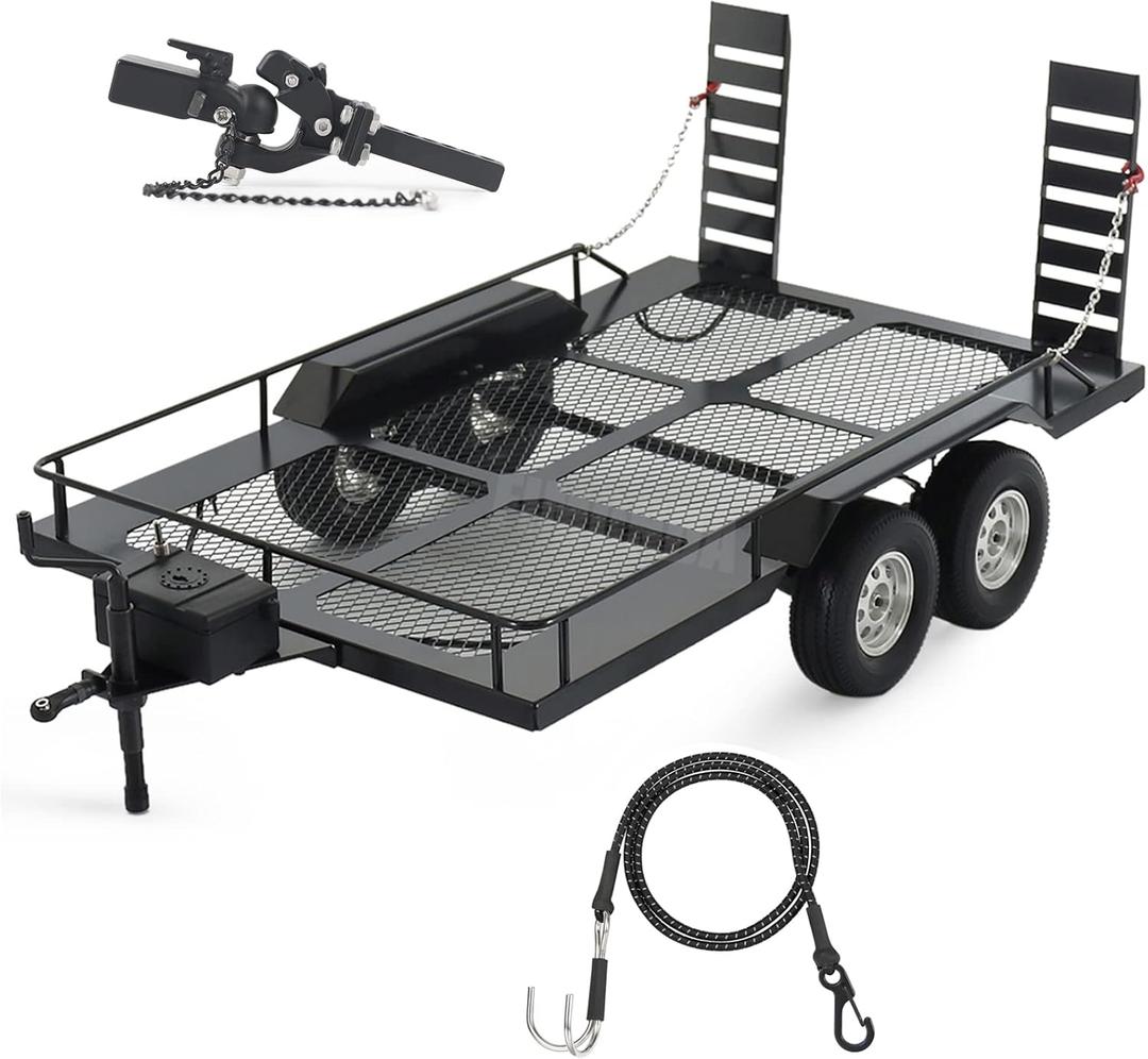 Metal Builder Kit 1/10 RC Trailer with Hitch Mount Receiver & Hauling Ropes for Crawler Cars Axial SCX10 D90 Wrangler TRX4 TRX6 Redcat GEN8