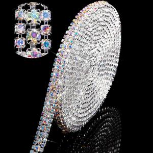 Hicarer 3 Rows Crystal Rhinestone Chain Strips Chain Trim for Sewing Craft, DIY, Wedding, Jewelry, Decoration (6 Yard x 0.47 Inch, AB Colored Rhinestone with Silver Base)