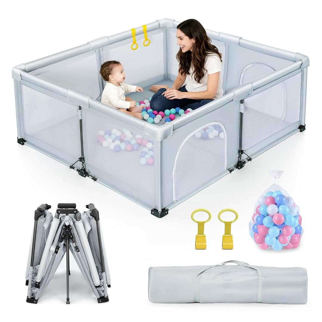 Foldable Baby Playpen 59"X71", Foldable Playpen for Babies and Toddlers, with 50 Balls & 2 Handlers,Indoor&Outdoor Portable Play Pen. Quick Installation & Folding Baby Play Pen (Light Grey)