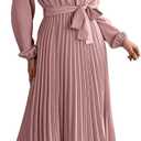 ChiaoLezhee Pleated Maxi Dress, Mock Neck A Line, Fall Holiday, Long Sleeve Modest Business Casual Flowy Dresses for Women (6-8, Light Pink)