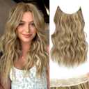 KooKaStyle Invisible Wire Hair Extensions with Transparent Headband Adjustable Size 4 Secure Clips Long Wavy Secret Wire Hairpiece for Women(16 Inch Light Brown mix Golden Blonde)