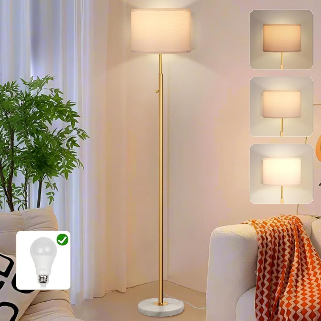 Gold Marble Floor Lamp, Dimmable 63.7" Tall Pole Standing Lamp with White Linen Shade, Modern Floor Lamp for Living Room Bedroom Office, Stepless Dimming, LED Bulb Included