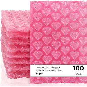 100 Pcs 4"x4" Love Heart-Shaped Bubble Wrap Pouches, Rose Red Double-Walled Anti-Static Mailing Bags for Packing Shipping Storage Self-Seal Cushioning Envelopes for Gifts Ornaments Fragile Items