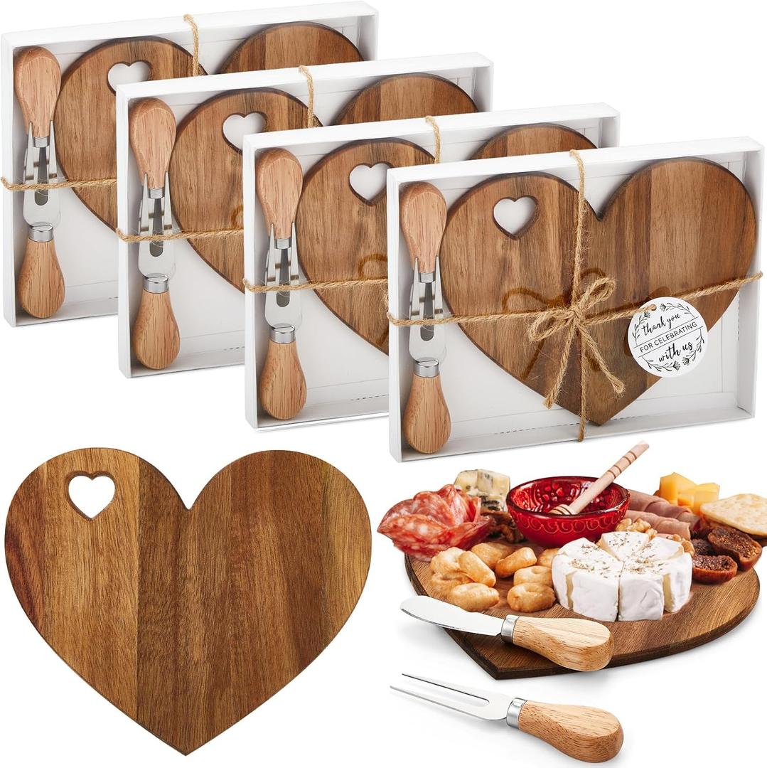 Patelai 4 Set Bridal Shower Favor Heart Cheese Board Cheese Knives Wood Mini Charcuterie Board Thank You Gift Box for Guest Bridal Baby Shower Prize Wedding Birthday Valentines (Acacia Color)