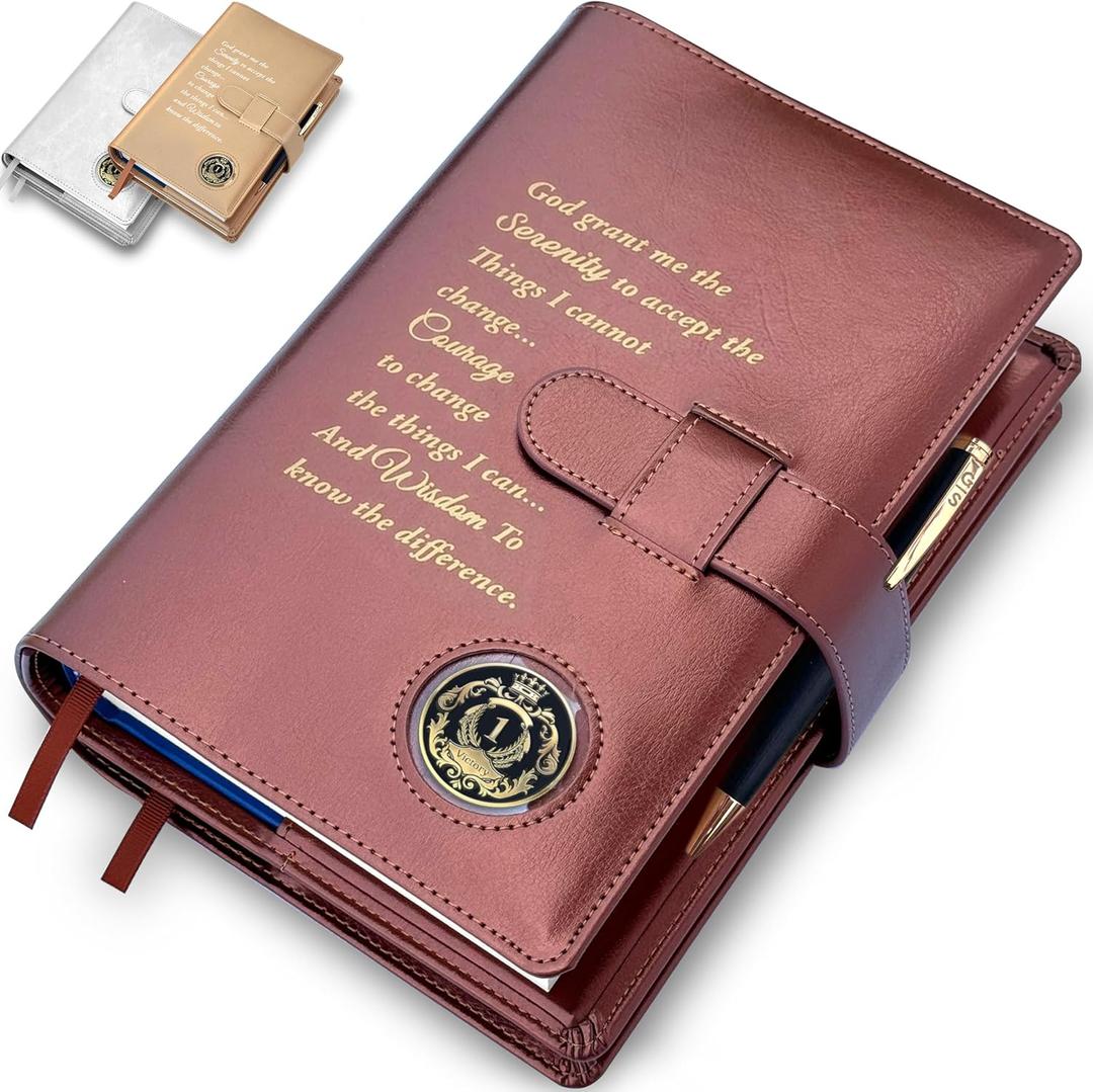 GALILEO® Double AA Big Book Cover & 12 Steps & 12 Traditions | PU Leather | Coin Holder | AA Book Covers for Hardcover | AA Gift | Alcoholics Anonymous (Serenity Prayer/Copper)
