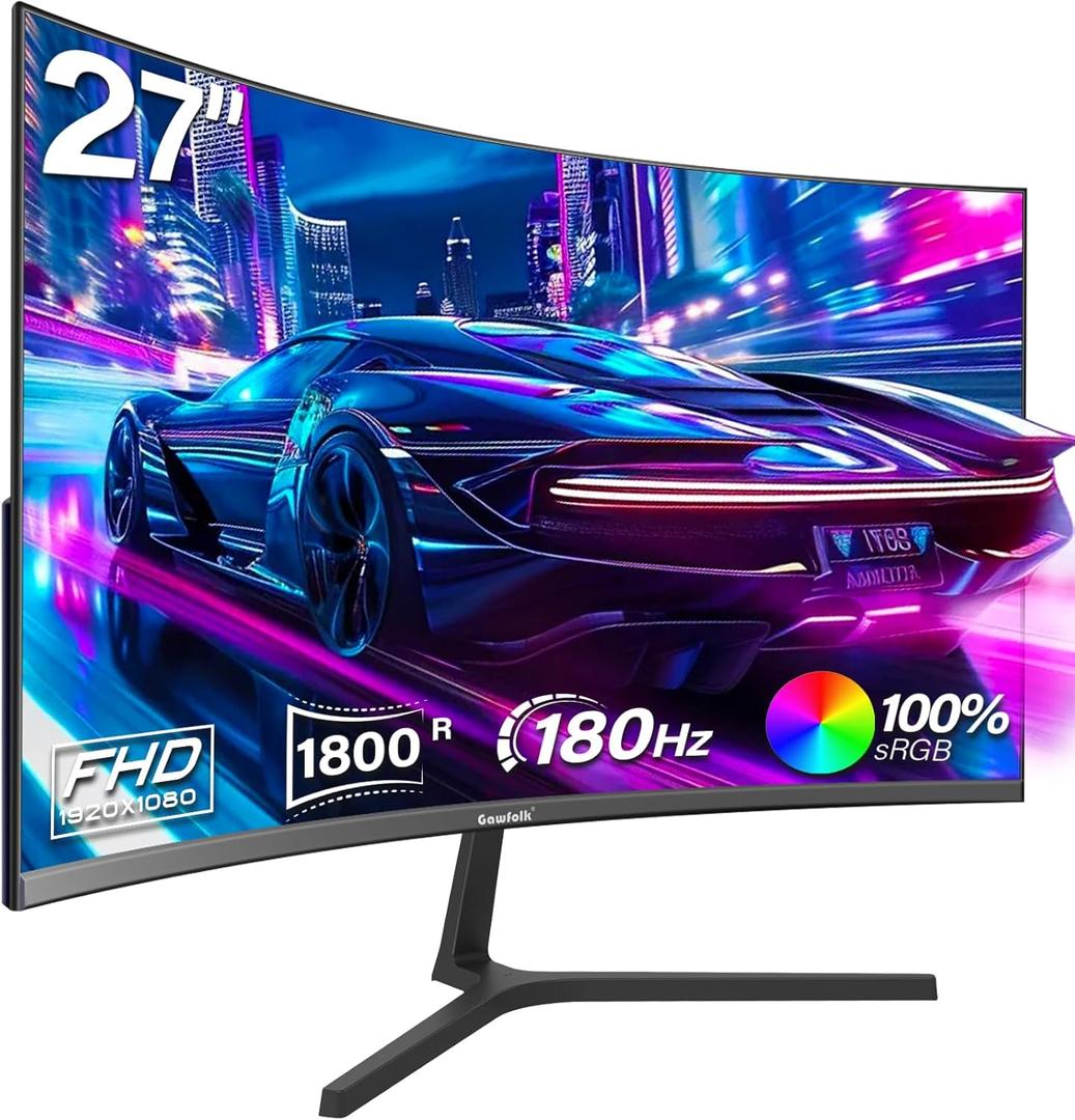 27 inch Curved Gaming Monitor,144Hz/180Hz PC Monitor Full HD 1080P, Frameless 1800R Computer Display with FreeSync & Eye-Care Technology, Wall Mountable, DP, HDMI Port (Black)