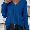 PRETTYGARDEN Fall Fashion 2026 Long Sleeve Shirts for Women Ribbed Knit V Neck Dressy Casual Lightweight Sweaters Tunic Tops (Blue, XXL)