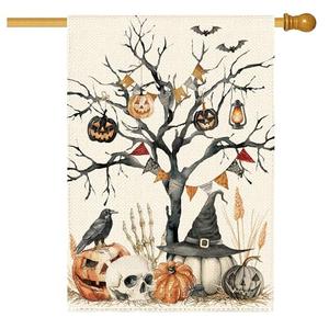 Tikeciti Halloween Black Tree Pumpkin Welcome Garden Flag 28 x 40 Inch Double Sided, Skull Crow Seasonal Burlap Large Yard House Flag Farmhouse Seasonal Holiday Patio Outdoor Outside Decoration : Patio, Lawn & Garden