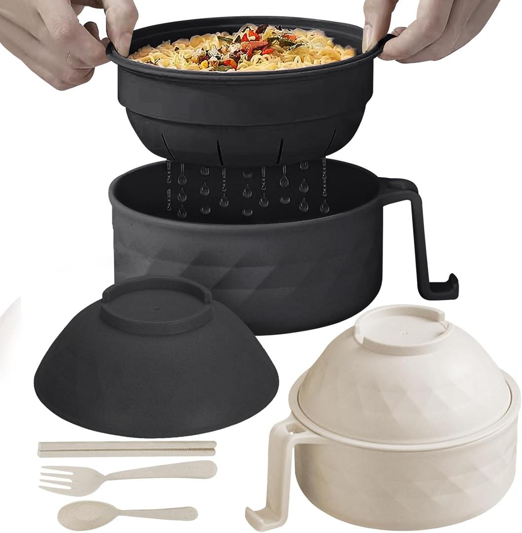 2 Pack Microwave Ramen Bowl,Ramen Bowl Set,Ramen Bowl With Chopsticks and Spoon, College Dorm Room Essentials for Girls for Boys, Apartment Essentials, BPA-Free(black Beige)