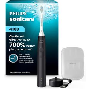 Philips Sonicare 4100 Rechargeable Electric Toothbrush, Advanced Plaque Removal, Pressure Sensor, Includes Brush Head Case, Black BD5003AZ