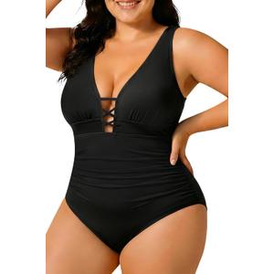 Yonique Women Plus Size One Piece Swimsuit Tummy Control Bathing Suits Lace up Plunge Swimwear Black 26W