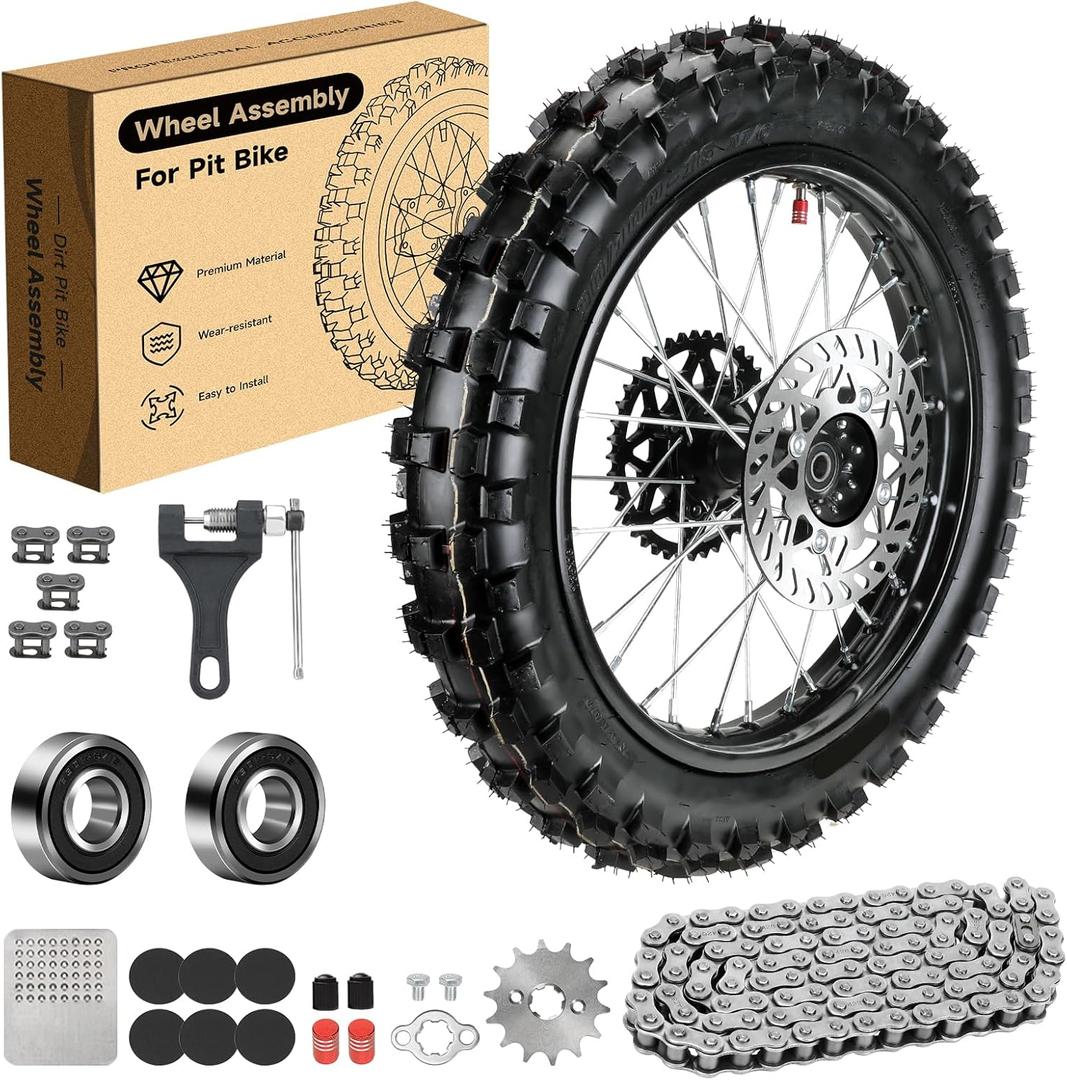 16'' Wheel 90/100-16 3.00-16 Dirt Bike Rear Tire Assembly for 125cc 140cc 150cc KLX140G MX100 105XC 105SX Pit Bike Parts with Brake Rotor 428 Chain Sprocket