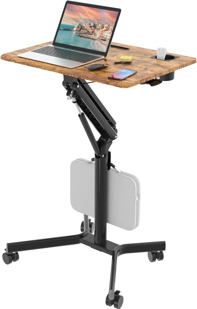 JOY worker Mobile Standing Desk, 28 inch Small Height Adjustable Rolling Laptop Desk, Portable Sit Stand Table with Lockable Wheels, Ergonomic Desktop Table for Home Office, Rustic Brown