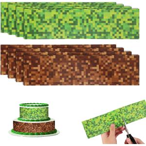 8pcs Pixel Game Cake Border Decor, Green & Brown Cake Toppers Wrapper Border Strips for Birthday Pixel Theme Party Supplies