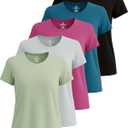 Real Essentials 5 Pack: Women's Short Sleeve T-Shirts Workout Tops Fitness Pilates Gym Activewear Athletic, (Standard Small, Set 13)