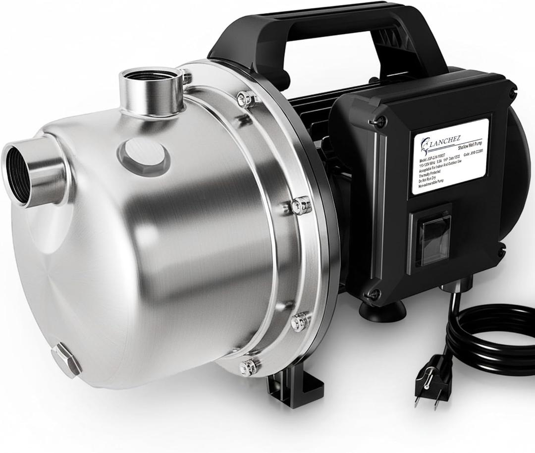 LANCHEZ Shallow Well Pump, Stainless Steel Water Transfer Pump, 115V Garden Irrigation Pump, Water Booster Jet Pump for Home Garden Lawn Farm, Black