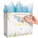 Crisky 13" Large Baby Boy Gift Bag with Tissue Paper, Gift Card and Bow for Baby Shower Boy's Kid's Birthday Party decoration (Features a Babysuit Banner and Blue Bow)