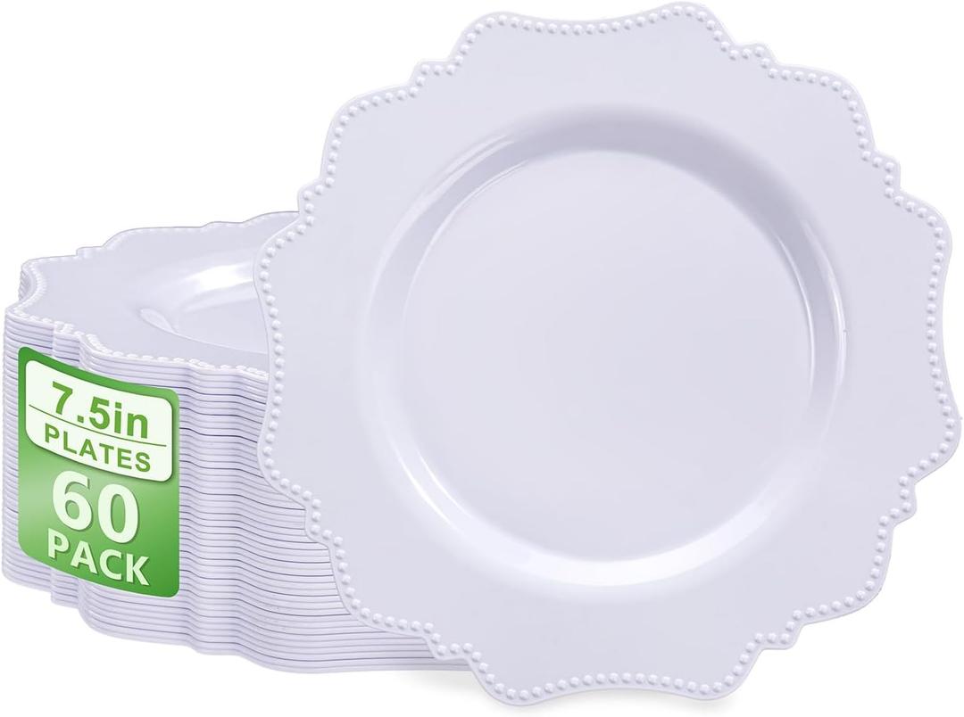 COLOSUS 60pcs 7.5 Inch White Plastic Dessert Plates, Premium Plastic Salad Plates, Heavy Duty Disposable Appetizer Plates for Party Wedding and Everyday Use