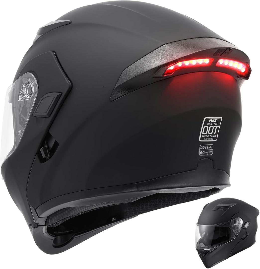 OUMURS DOT Modular Motorcycle Full Face Helmet Flip-Up Dual Visor, Lightweight & DOT Approved, Matte Black (Large, Modular Helmet With Rear LED Lights)