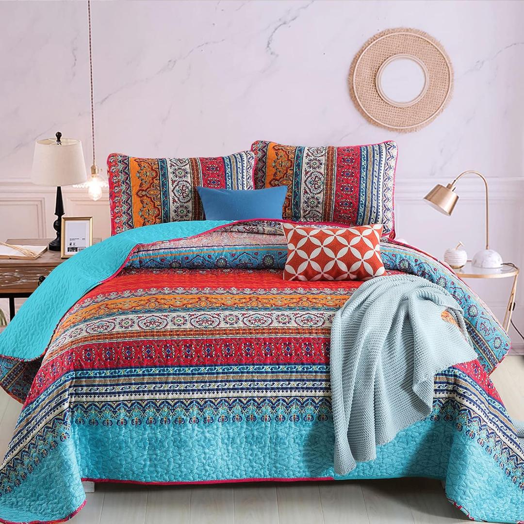 WONGS BEDDING Bohemian Quilt Set Queen Size, Boho Striped Pattern Quilts Bedspread Set for All Season, Soft Microfiber Bedding Coverlet Set 96"x90"(3 Pieces, Queen) (Queen(96"x90"), Blue Red)
