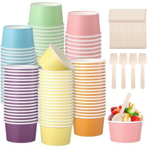 Kochorie 120 Pack 6oz Pastel Paper Ice Cream Cups with Spoons Colorful Party Paper Cups Disposable Dessert Sundae Bowls for Ice Cream Snacks Picnic Party Supplies