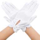 White Dress Gloves Short Satin Wrist Length Gloves for Women Elegant Bow Pearl Tea Party Glove Banquet Opera Bridal Wedding Evening Glove (White)